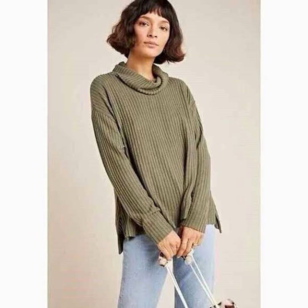 Maeve Green Ribbed Knit Cowl Neck Oversized Relaxed Pullover Sweater L
